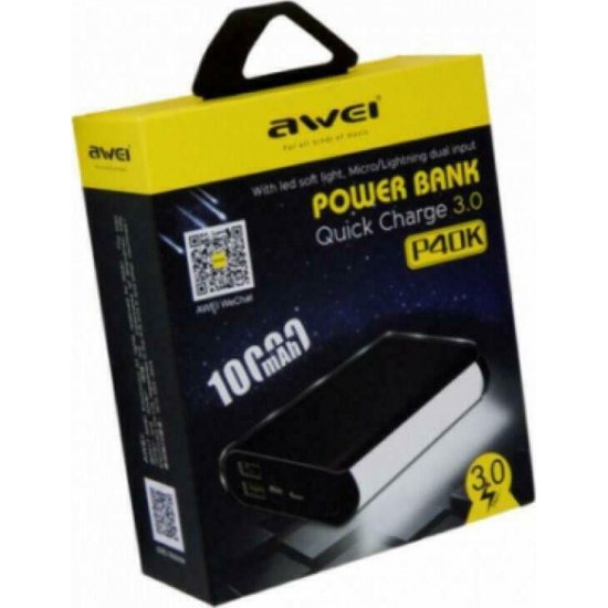 PowerBank Awei P40K 10000mAh με 2 Θύρες USB-A Quick Charge 3.0 Μαύρο PowerBank Awei P40K 10000mAh με 2 Θύρες USB-A Quick Charge 3.0 Μαύρο