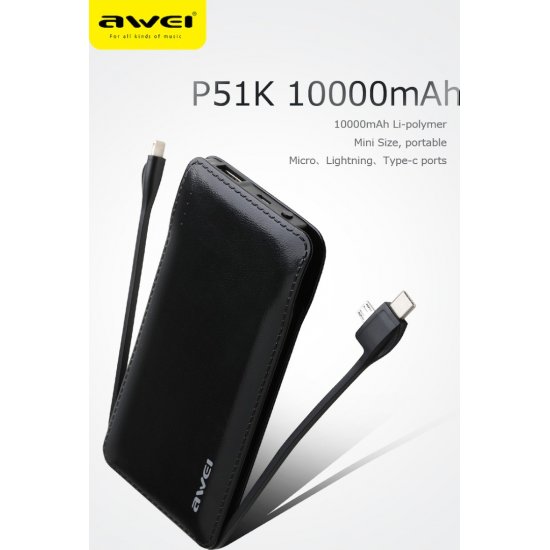PowerBank Awei P51K 10000mAh με Θύρα USB-A Μαύρο PowerBank Awei P51K 10000mAh με Θύρα USB-A Μαύρο