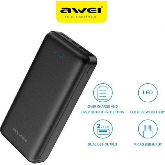 PowerBank Awei P6K 20000mAh με 2 Θύρες USB-A Μαύρο PowerBank Awei P6K 20000mAh με 2 Θύρες USB-A Μαύρο