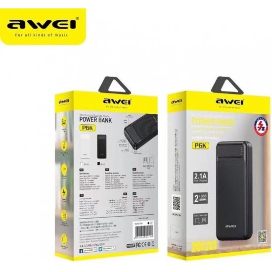 PowerBank Awei P6K 20000mAh με 2 Θύρες USB-A Μαύρο PowerBank Awei P6K 20000mAh με 2 Θύρες USB-A Μαύρο
